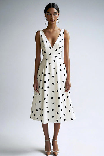 A Line V-ringad Midi Vit Svart Polka Dots Klänning